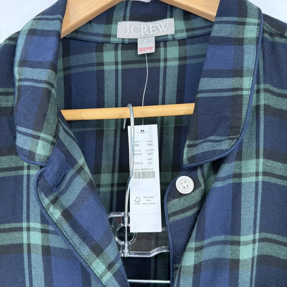 J.Crew $118 Flannel Sz XL Tartan Black watch Plaid Navy Green pajama Set NWT